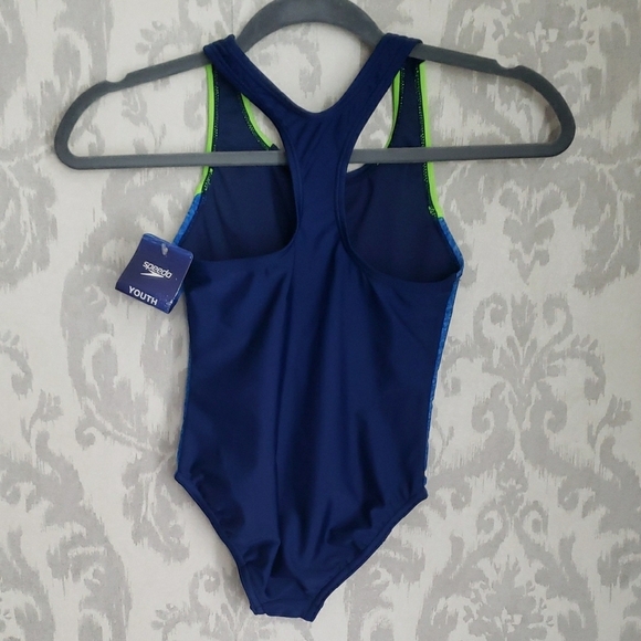 Speedo Kids One Piece Swimsuit - Navy and Neon Green - Picture 2 of 3